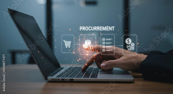 Obraz E-procurement: Man using laptop to navigate the digital procurement process for efficient supply chain management.