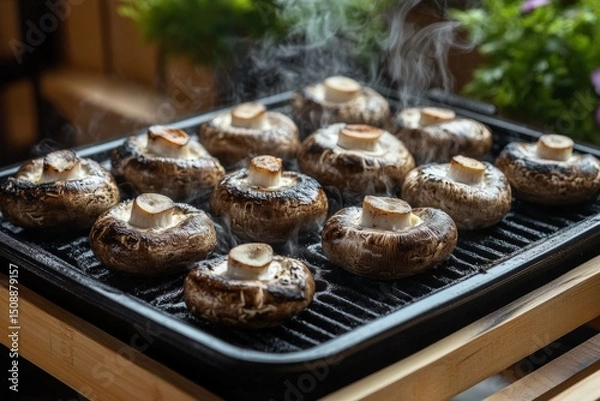 Fototapeta Shiitake mushrooms grilling on hot grill