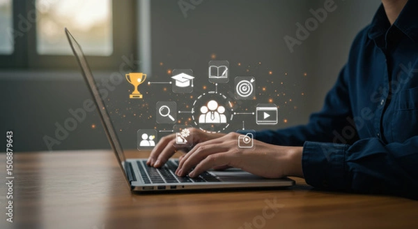 Obraz Online education platform empowers collaborative learning, showcasing virtual classrooms, skill development, and e-learning technologies for professional growth