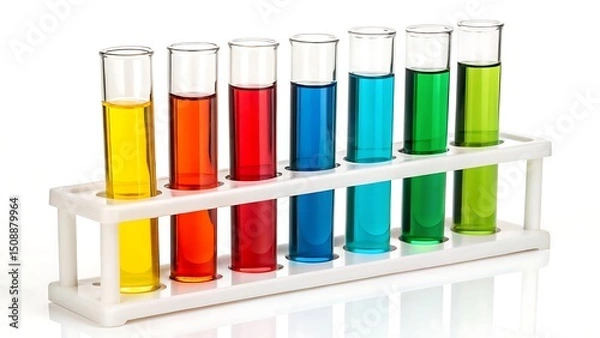 Fototapeta Colorful test tubes with liquid in rack isolated on white PNG background