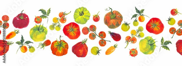 Fototapeta Seamless horizontal pattern with farm tomatoes of different varieties and colors. Border banner. Hand-painted in acrylic style, perfect for textiles, packaging, wallpaper, and summer-themed designs