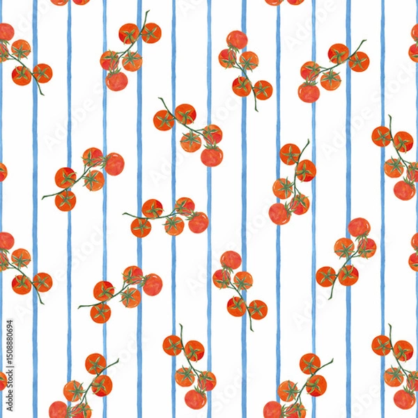 Fototapeta Seamless pattern with hand-painted tomatoes on a light blue striped background. Acrylic style, perfect for textiles, wallpaper, packaging, and summer-themed designs.