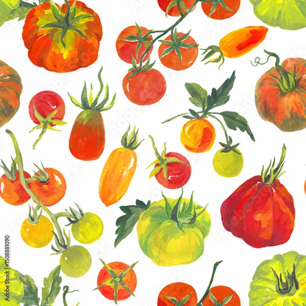 Obraz Trendy seamless Summer Tropical Bliss Vacation Seamless pattern with tomatoes and striped background. Acrylic style , Design for fashion , fabric, textile, and all prints
