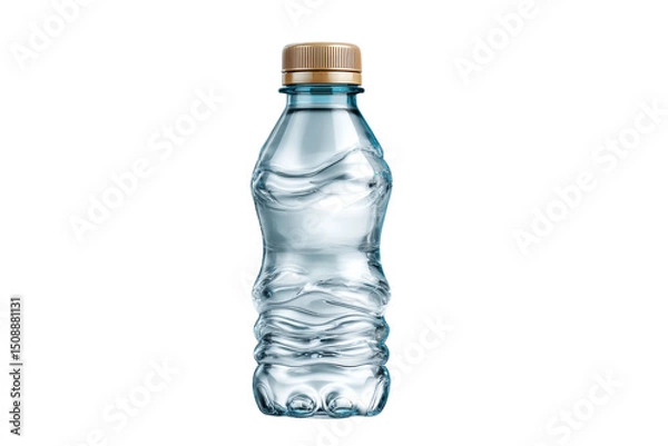 Obraz PNG Clear plastic water bottle with textured design and beige cap on black background