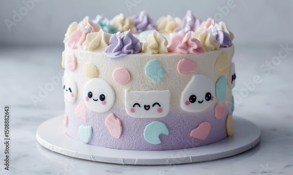 Fototapeta A decorated cake with pastel-colored frosting and kawaii faces.