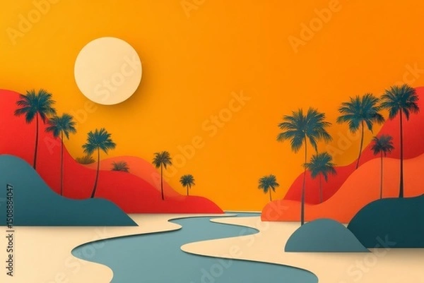 Fototapeta Vibrant Sunset Landscape with River and Palm Trees in Paper Cut Style