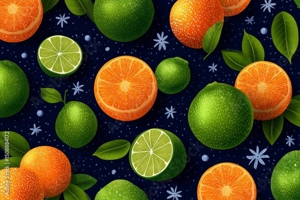 Fototapeta Vibrant Citrus Fruits Pattern with Oranges, Limes, and Leaves