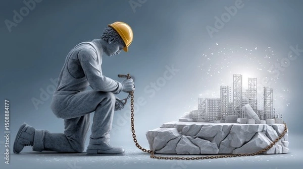 Obraz Illustration of A construction worker chiseling a statue of himself from stone while chained to the base. Concept of building self under restriction.