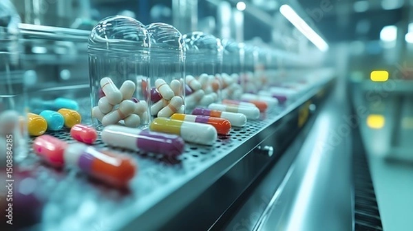 Fototapeta A cutting-edge AI-driven pharmaceutical factory featuring smart sensors, holographic dashboards, and immaculate cleanliness.