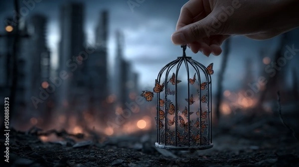 Obraz A hand unlocking a cage full of butterflies while the background shows a war zone. Concept of fragile freedom in chaos.