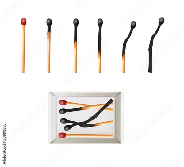 Obraz Matchbox, empty package for match sticks in top and perspective view. Realistic mockup of 3d blank box. Stages of burning the match. Symbol of ignition burning. Vector