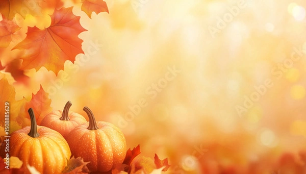 Obraz Autumn background with copy space featuring colorful fall foliage and pumpkins.