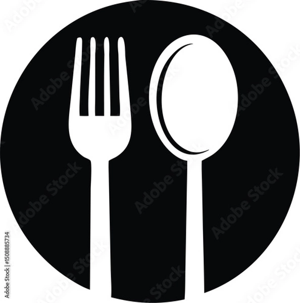 Fototapeta White fork and spoon are placed against a contrasting black circular background together