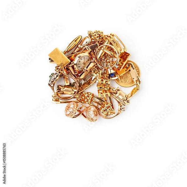 Obraz Golden jewelry and old coin photography isolated on white background.