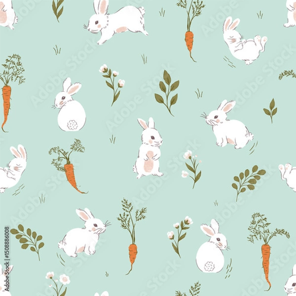 Fototapeta Cute Little White Rabbits Vector Seamless Pattern