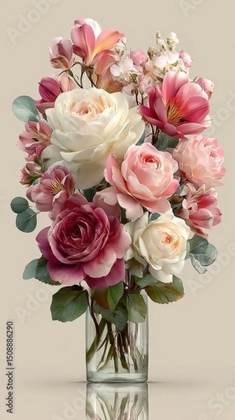 Fototapeta Colorful bouquet of various roses and blossoms displayed in a clear glass vase against a neutral backdrop