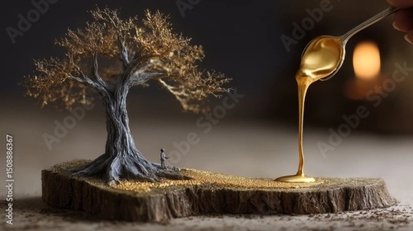 Obraz A person pouring gold paint over a dying tree. Concept of artificial beauty covering decay.