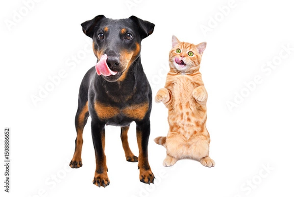 Fototapeta Dog breed Jagdterrier and kitten Scottish Straight, standing on his hind legs, licks together, isolated on white background