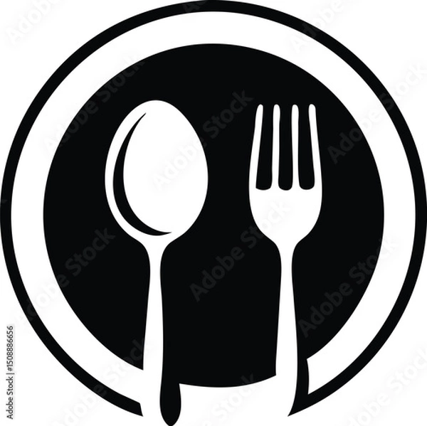 Fototapeta Simplified black and white logo showcases a spoon and fork within a circle