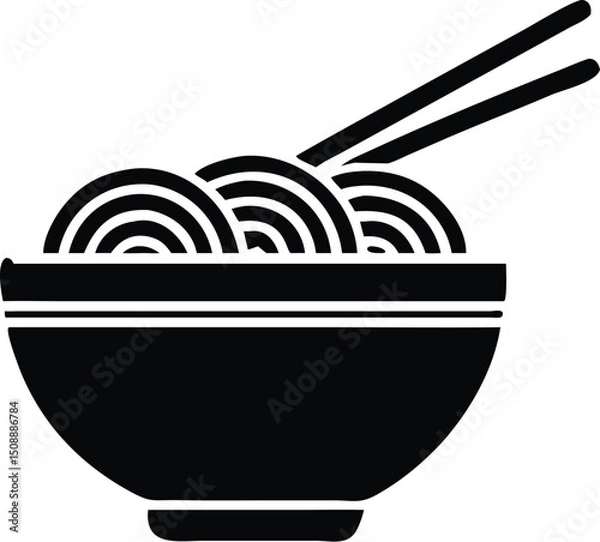 Fototapeta Black bowl containing noodle silhouette features two chopsticks on a transparent background