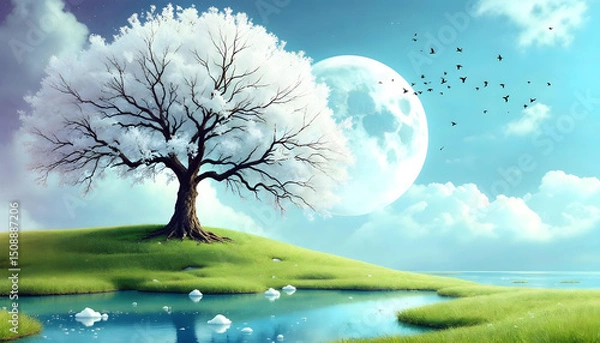 Fototapeta a surreal spring landscape with tree