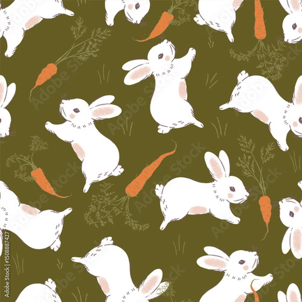 Fototapeta Jumping White Rabbits with Carrots Vector Seamless Pattern