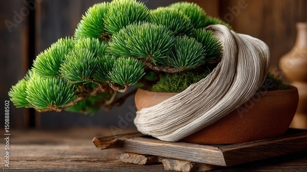 Fototapeta Close-up of a small pine bonsai tree in a pot showcasing the unique trunk texture and natural beauty of this plant