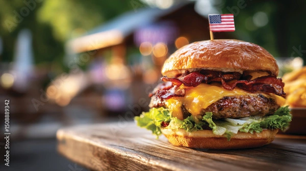 Fototapeta Delicious patriotic hamburger with condiments on the picnic table outdoors, ready for USA 4th July Independence day celebration	