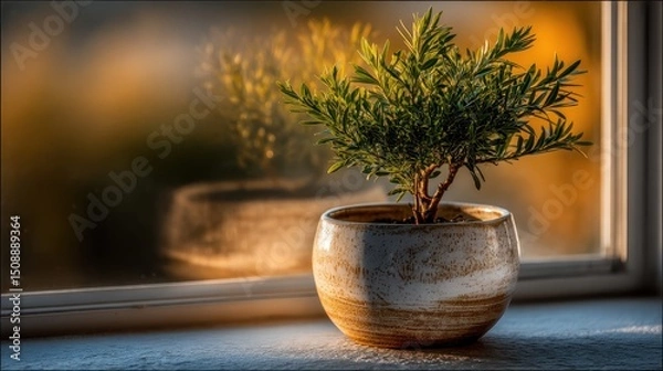 Fototapeta Elegant bonsai tree on a windowsill illuminated by golden hour light creating a beautiful and serene home atmosphere
