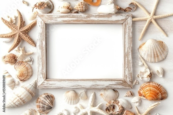 Fototapeta Unique coastal decor created with assorted shells and corals on a sandy background inviting ocean vibes