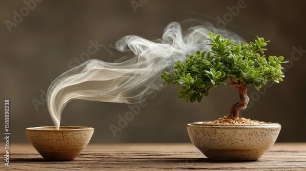Fototapeta Majestic bonsai plant surrounded by incense smoke creating a soft dreamy atmosphere in a serene setting
