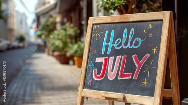 Obraz Chalkboard sign with Hello July message and colorful doodles on urban street background, great for seasonal promotions, summer sales, and holiday marketing