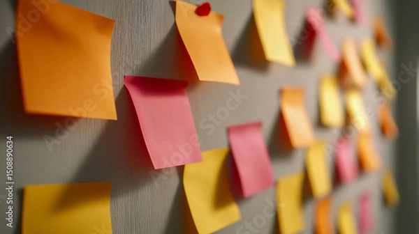 Obraz Colorful sticky notes on wall used in remote brainstorming session, ideal for teamwork, creative planning, collaboration and agile project management visuals