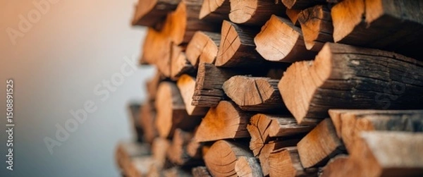 Fototapeta Neatly Stacked Firewood Pile Ready for Winter, CloseUp of Rustic Wooden Logs.