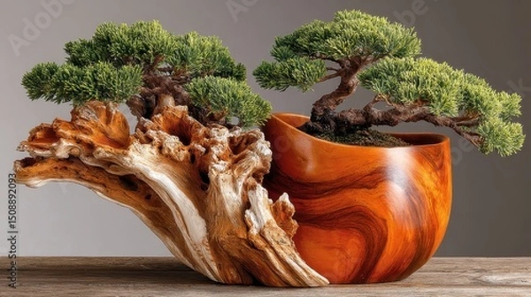 Fototapeta Beautiful bon tree displayed in a wooden bowl emphasizing the dramatic root system and earthy tones