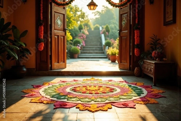 Obraz Traditional Indian welcome with a vibrant rangoli at the entrance of a home, symbolizing hospitality and celebration