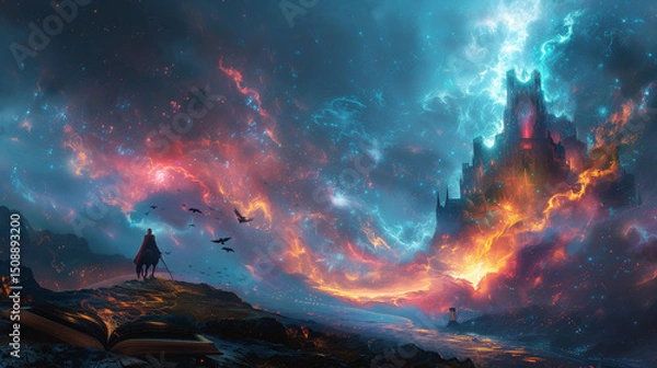 Fototapeta Magic castle and rider under galactic sky with glowing book and fiery atmosphere