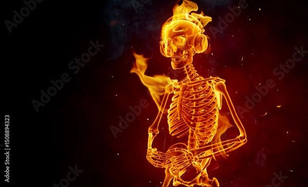 Fototapeta Burning skeleton with headphones. 3D render with real fire flames.