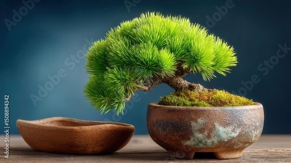 Fototapeta Elegant pine bonsai tree with a bon bon placed in a bowl set against a soft mist background for artistic appeal