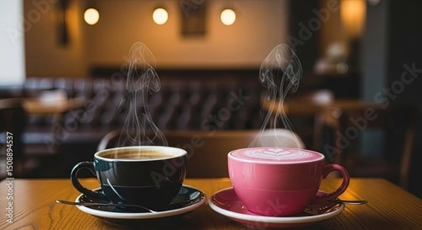 Obraz Two cups with different colored drinks for Friendship Day in a cafe  