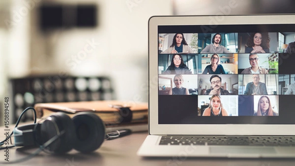 Fototapeta Working and talking on the computer with video calling