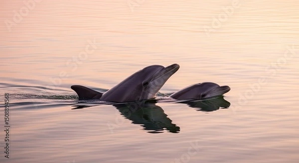 Obraz Dolphins swimming together in calm water at sunset  