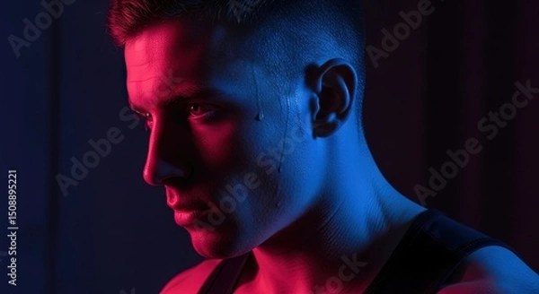 Obraz Athlete with beads of sweat on his face in dramatic blue and red light  