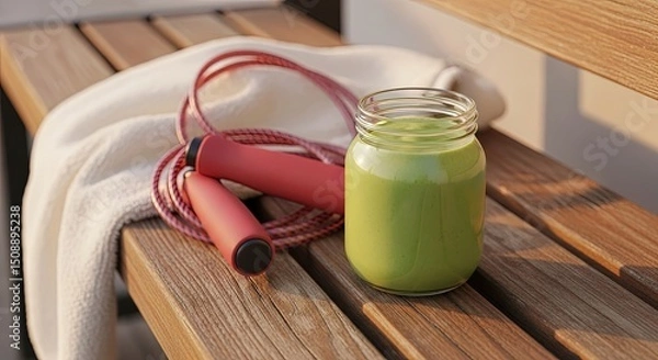 Obraz Exercise jump rope and smoothie jar on wooden bench in sunlight  