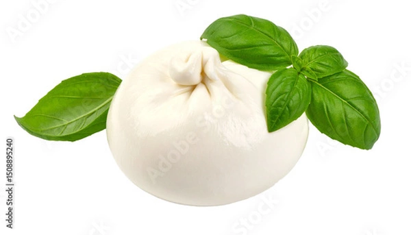 Fototapeta Fresh burrata cheese with basil leaves isolated on transparent background