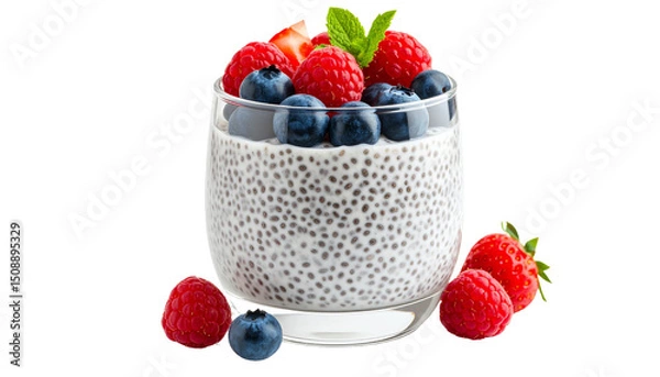 Fototapeta Chia pudding with berries and mint on transparent background