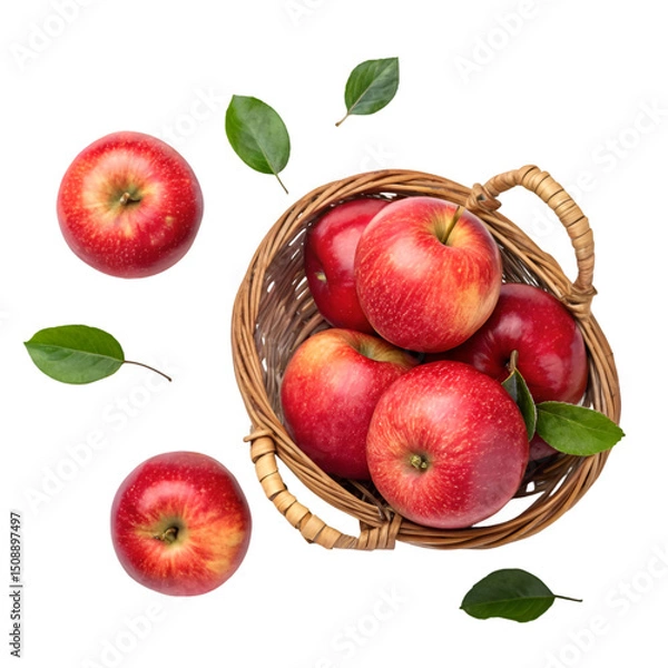 Fototapeta Fresh whole red apples on basket top view isolated on white background