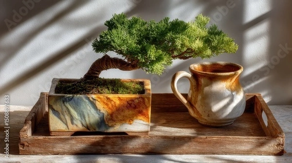 Fototapeta Sunlight casting beautiful shadows on a bonsai tree displayed on a tray from a side angle in a cozy setting