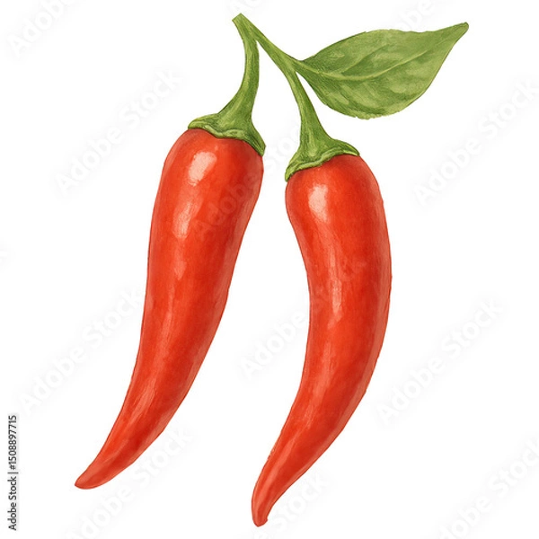 Obraz Two vibrant red chili peppers with green stem and leaf isolated on white