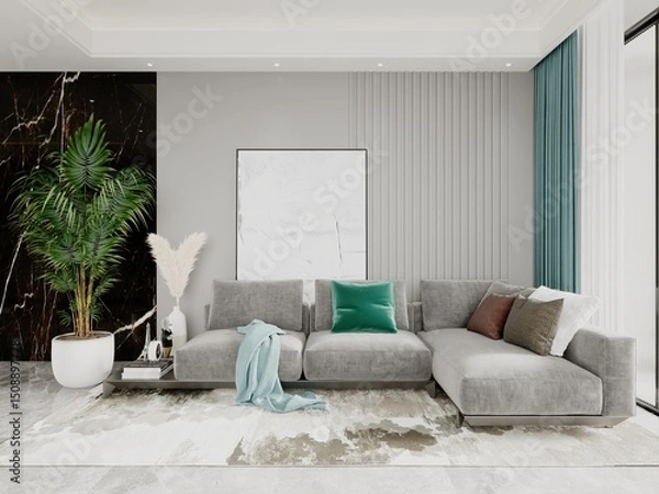 Fototapeta Mock up of a fashionable spacious living room with a stylish corner sofa and a modern background, 3D rendering.